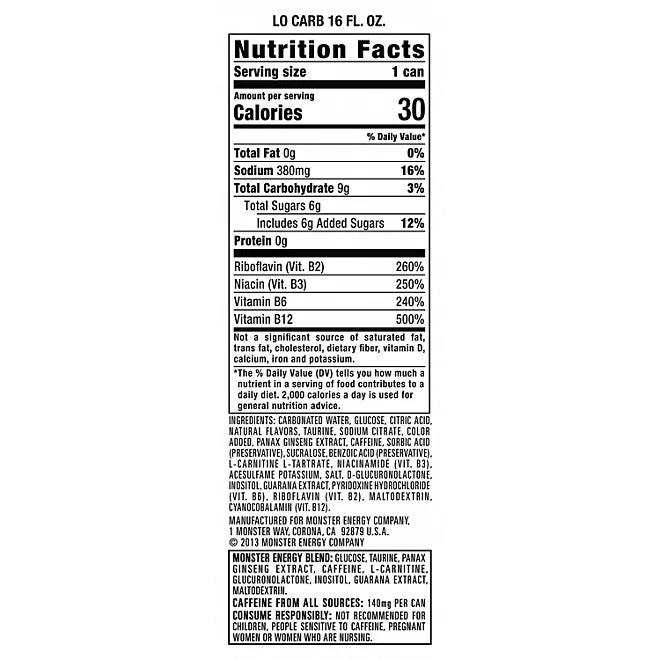 Monster Energy Lo-Carb 16 oz (Pack of 24)