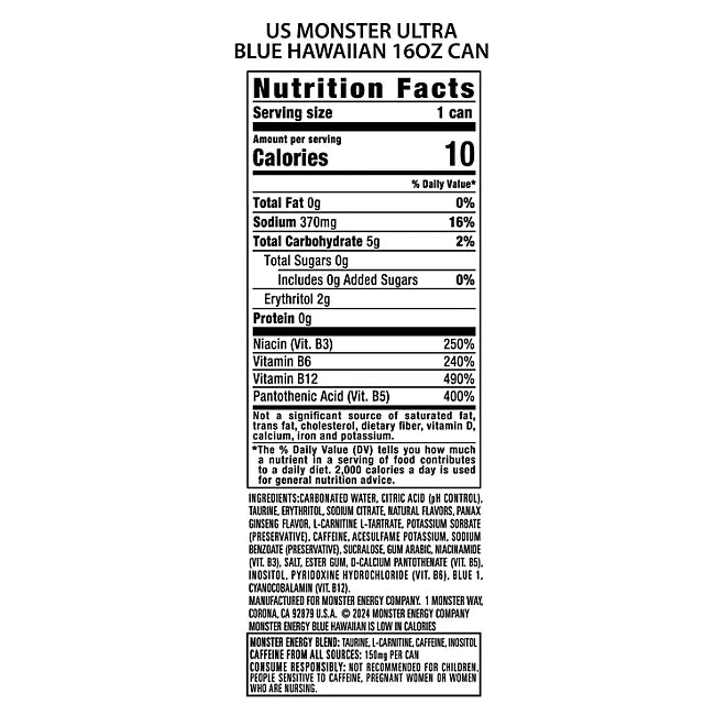 Monster Energy Ultra Blue Hawaiian, 16 oz (Pack of 24).